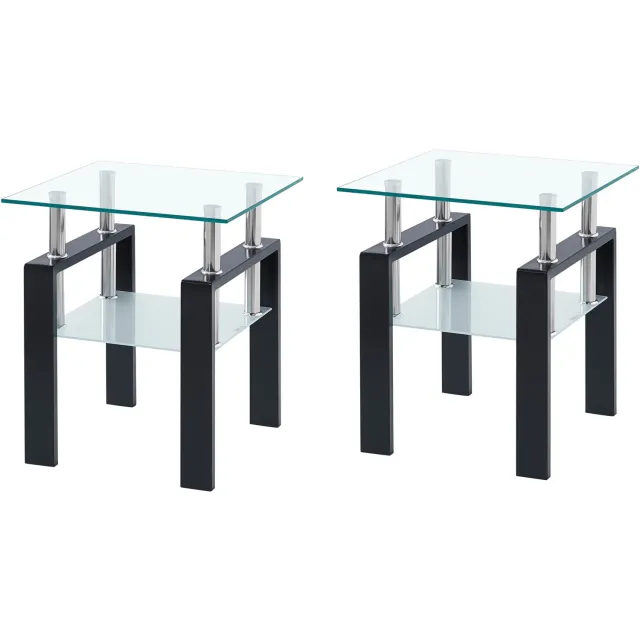 HAUSS SPOLE Bijzettafel Set Van 2 - Transparant Gehard Glas Met Onderblad - Voor Woonkamer En Kantoor - Zwarte Metalen Poten - 45x45x52 Cm