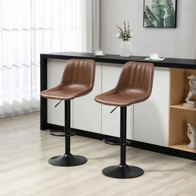 MEUNIQ Barkruk set van 2 verstelbaar 59-79 cm met rugleuning, voetring en 360° draaibare zitting van kunstleer, stalen onderstel voor keuken, bartafel of bar, bruin