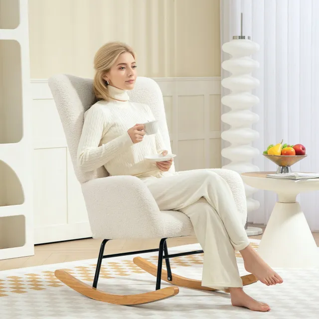 MIVRAY Schommelstoel 70 x 94 x 100 cm - Zachte Schommelbeweging Met Armleuningen - Voor Woonkamer En Slaapkamer - Teddy Stof Crèmewit Cream White