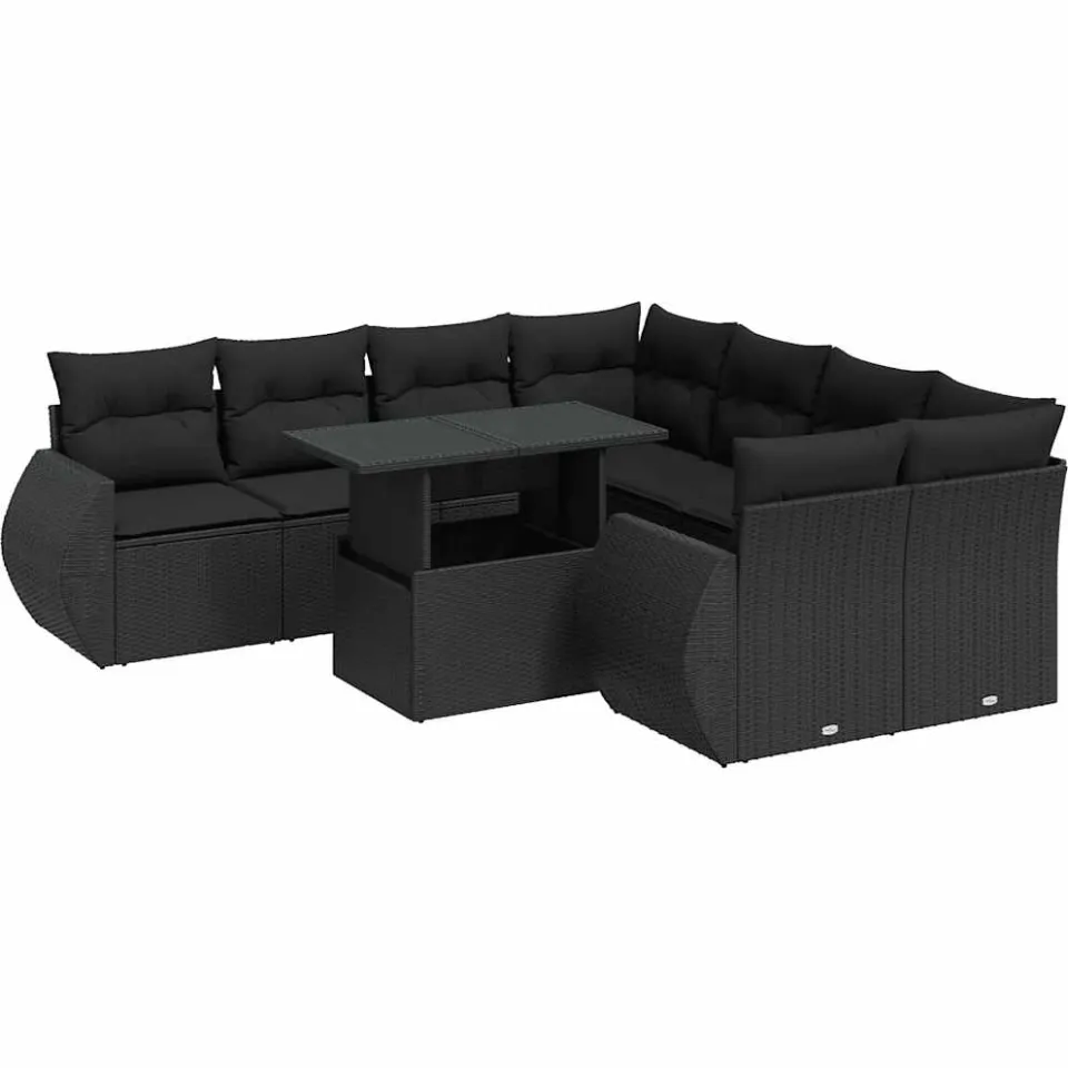 vidaXL 9-delige Loungeset met kussens poly rattan zwart, foto 3
