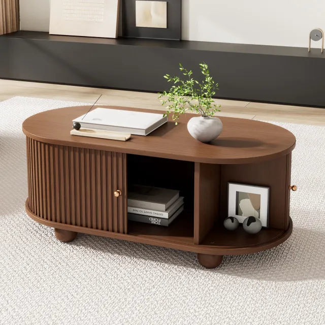 REDOM Salontafel 100x50x40 cm van MDF, ovaal met 360° schuifdeuren, walnootkleur en ruimtebesparend design