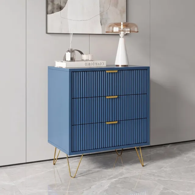 MEXUS Nachtkastje/Bijzettafel met 3 Lades, Voorzien van Goudkleurige Metalen Handgrepen en Poten, Geschikt voor Woonkamer of Slaapkamer (Naast de Bank) Marineblauw