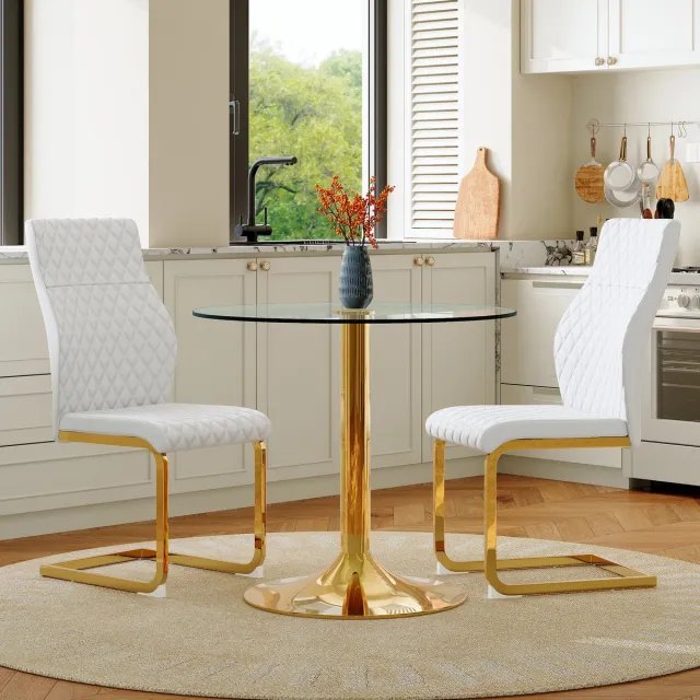 MODENUIT Ronde Eettafelset 85 cm - Glazen Tafel Met 2 Stoelen - Voor Eetkamer En Woonkamer - Glas Metaal - Wit Goud Transparant, Wit En Goud