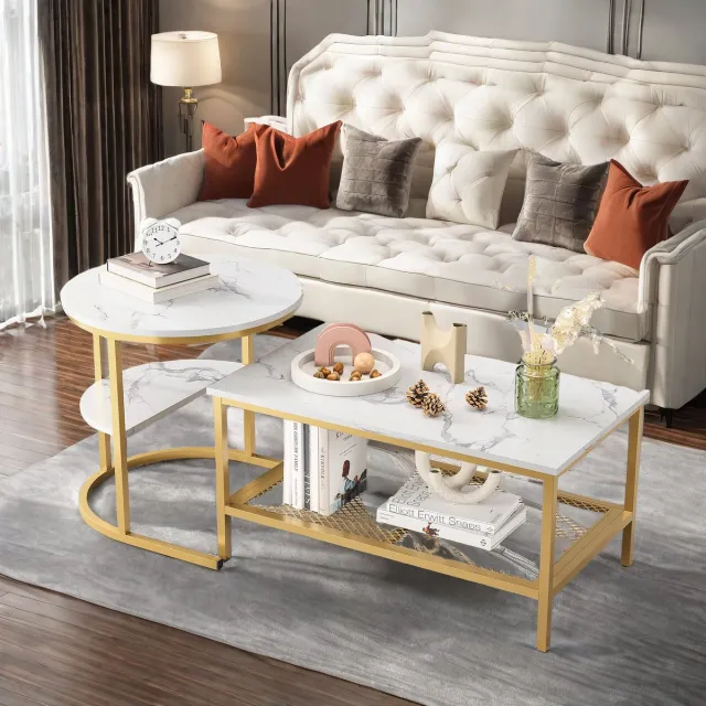 ROSAHQNDA Modern salontafels, set van 2 salontafels met grote opbergruimte, tafelblad met marmermotief en stevige metalen onderstellen, woonkamermeubel Goud-A