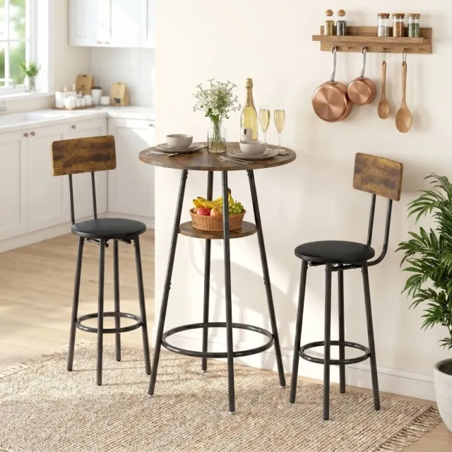 FloraGrace Bar Tafel En Stoelen Set - Industrieel Design Met 2 Barkrukken En Voetensteun - Voor Keuken En Kleine Ruimtes - Hout En Metaal - Rustiek Bruin - 60 X 60 X 91 Cm Rustic Brown