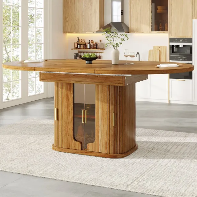 KOMHTOM Uitschuifbare eettafel, eettafel, keukentafel, ronde eettafel, uitschuifbaar tot ovaal, 118-158 cm, plaats voor maximaal 6 personen, eettafel met glazen deuren, walnoot