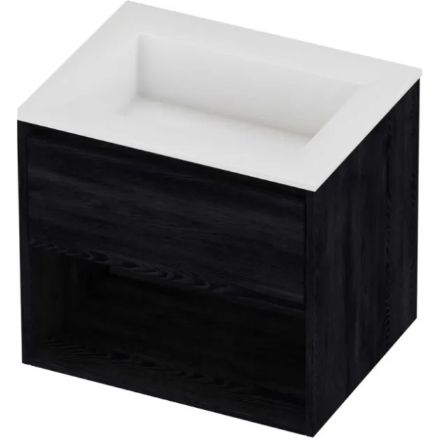 Proline Aristo Badmeubelset Polystone Elegant Schap 60x46x54 cm Glans Wit Black Oak Eiken