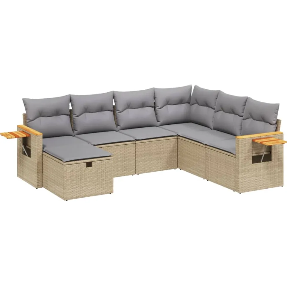 vidaXL 7-delige Loungeset met kussens poly rattan gemengd beige, foto 3