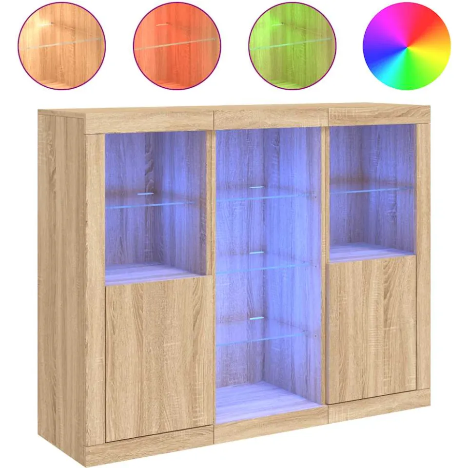 vidaXL Dressoirs met LED-verlichting 3 st bewerkt hout sonoma eiken Bruin