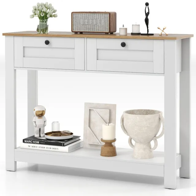 Costway Consoletafel hout, haltafel smal met 2 laden, ingangstafel 2 niveaus, bijzettafel voor entree en woonkamer, in boerderij Naturel + Wit