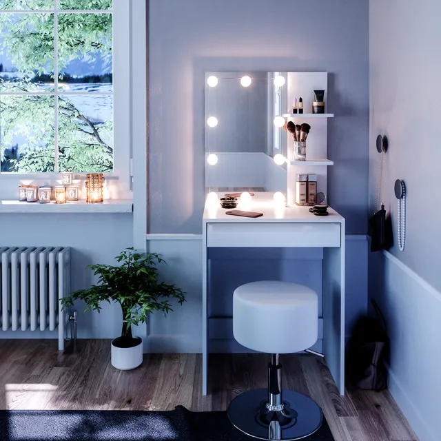 Vicco Kaptafel set met kruk Isabelle, Wit, 60 cm met spiegel, LED-lichtslinger en kruk