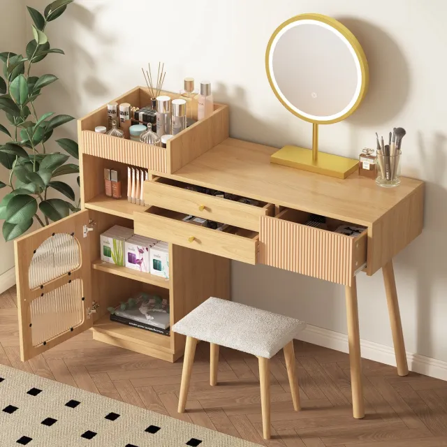 HAUSS SPOLE Kaptafel - Met Led Spiegel En Driekleurige Verlichting - Met Lades En Zijkast Voor Slaapkamer - Spaanplaat - 120x40x90 Cm - Naturel