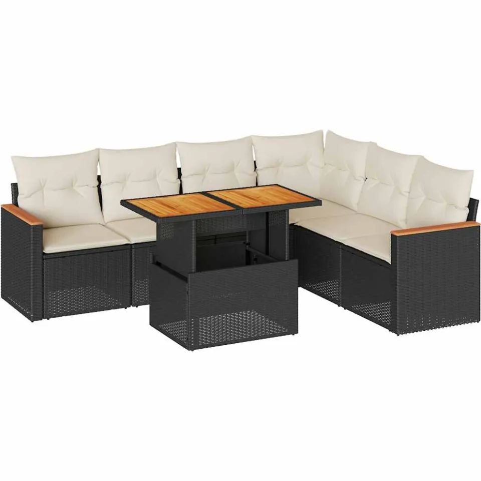 vidaXL 7-delige Loungeset met kussens poly rattan acacia zwart, foto 3