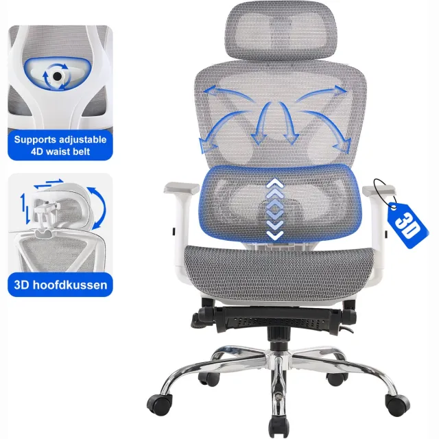 OFMOTRA Ergonomische mesh Bureaustoel - bureaustoel met dubbele rugleuning - Zelfaanpassende Lendensteun - Mesh Rugleuning - Voor volwassenen - 115kg - Kantoor/Thuis/Gaming - Grijs