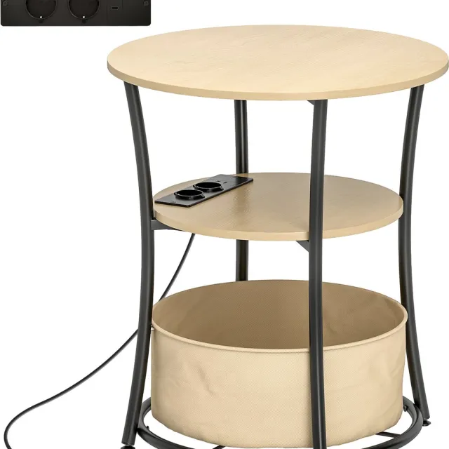 Homona Bijzettafel met oplaadstation - Met 3 niveaus en opbergtas - Ø50 x 55,1 cm - Natuurlijk hout Bruin