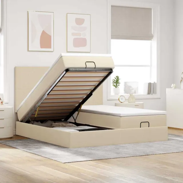 vidaXL Ottoman bed met matrassen en LED's 180x200cm stof crèmekleurig