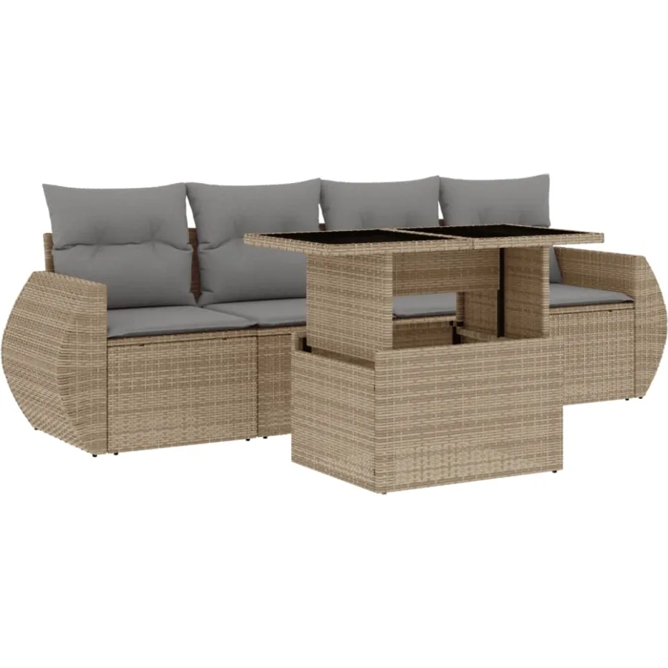 vidaXL 5-delige Loungeset met kussens poly rattan beige, foto 3