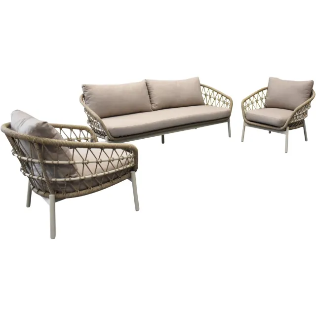 AVH-Collectie Montreal stoel bank loungeset 3 delig taupe rope Taupe, Zand / Latte / Linen