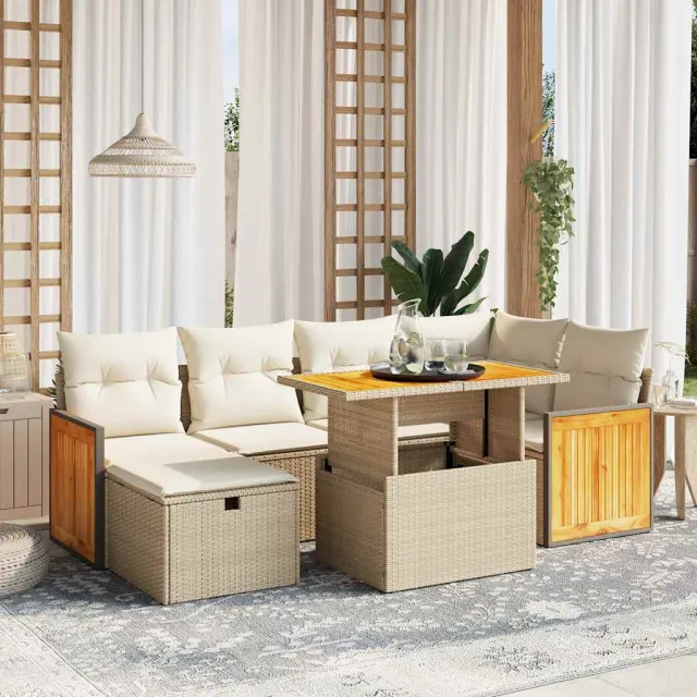 vidaXL 7-delige Loungeset met kussens poly rattan beige, foto 2
