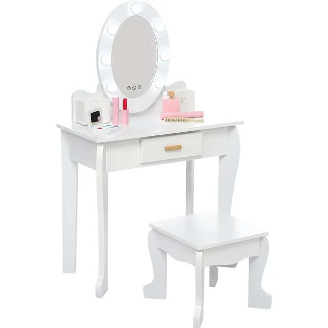Triumpunpre Kinder toilettafel met aanraakbare LED-spiegel – Verlichte make-uptafel – Hout – Met krukje – Prinsessenstijl – Geschikt voor 4-9 jaar – Wit