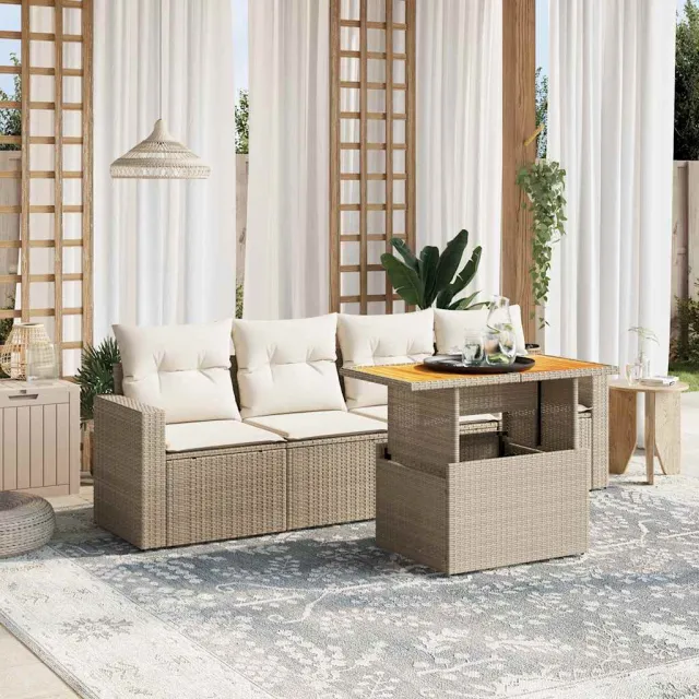 vidaXL 5-delige Loungeset met kussens poly rattan beige, foto 2