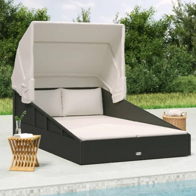 vidaXL Ligbed met inklapbaar dak 200x114x128 cm poly rattan zwart, foto 2