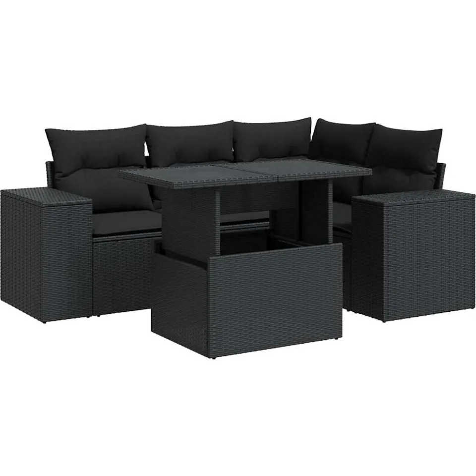 vidaXL 5-delige Loungeset met kussens poly rattan zwart, foto 3
