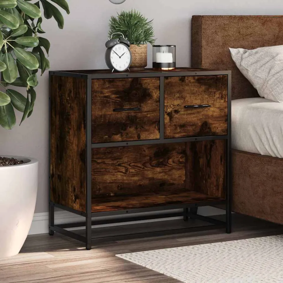 vidaXL Nachtkastje 60x31x60 cm bewerkt hout en metaal gerookt eiken, foto 4