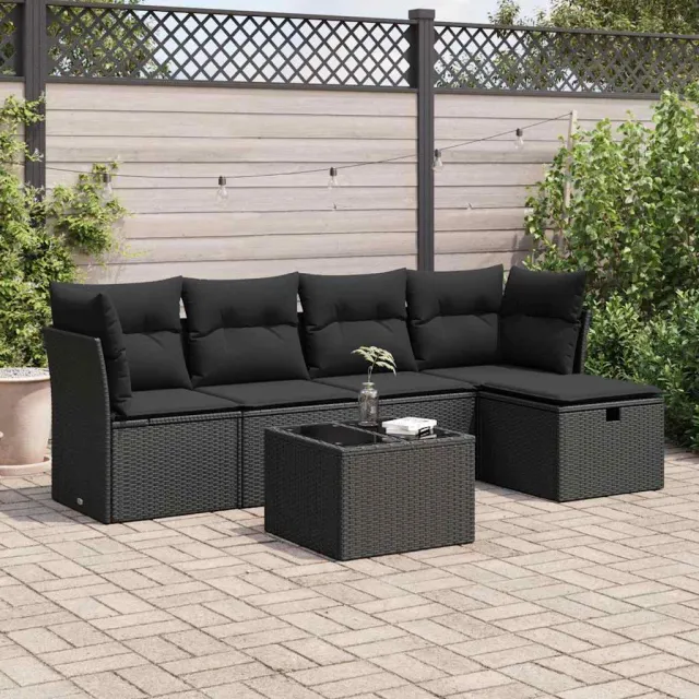vidaXL 6-delige Loungeset met kussens poly rattan zwart, foto 2