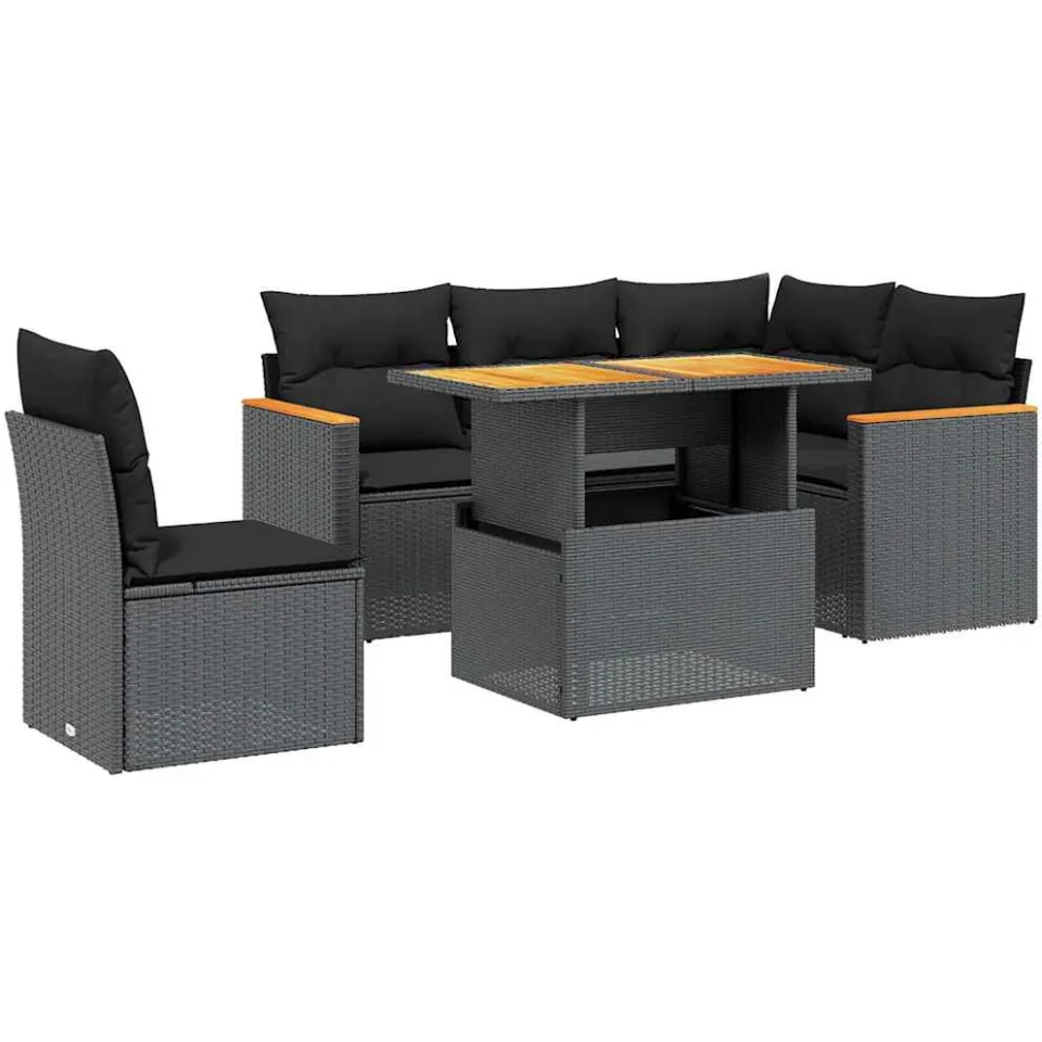 vidaXL 6-delige Loungeset met kussens poly rattan zwart, foto 3
