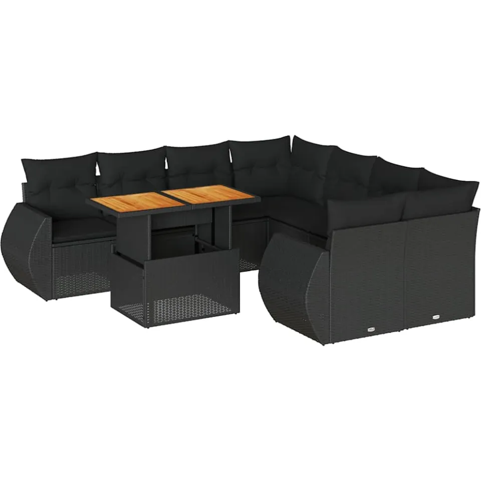 vidaXL 9-delige Loungeset met kussens poly rattan zwart, foto 3
