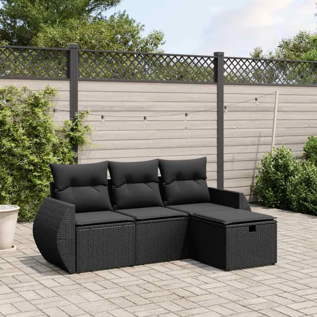 vidaXL 4-delige Loungeset met kussens poly rattan zwart, foto 2
