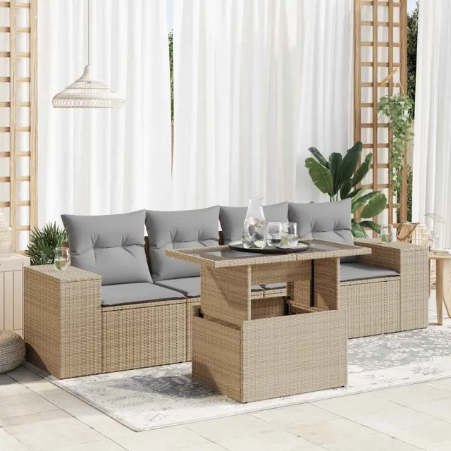 vidaXL 5-delige Loungeset met kussens poly rattan beige, foto 2
