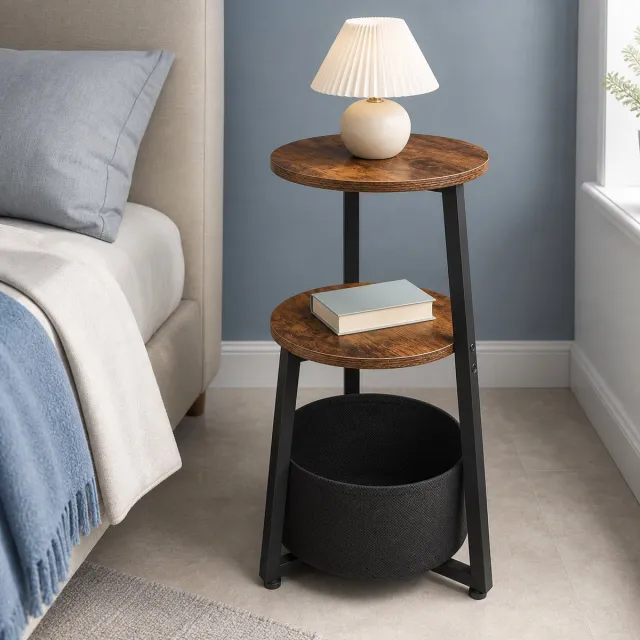 Trankielo Ronde bijzettafel met planken en opbergvak – Compact en veelzijdig voor woonkamer, slaapkamer en kantoor Rustiek Bruin + Zwart