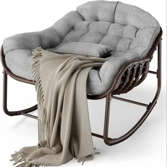 Turold Stoel - Schommelstoel - Relaxfauteuil - Relaxstoel - Rotan Schommelstoel, Dik Kussen, Moderne Wicker, Loungestoel Grijs