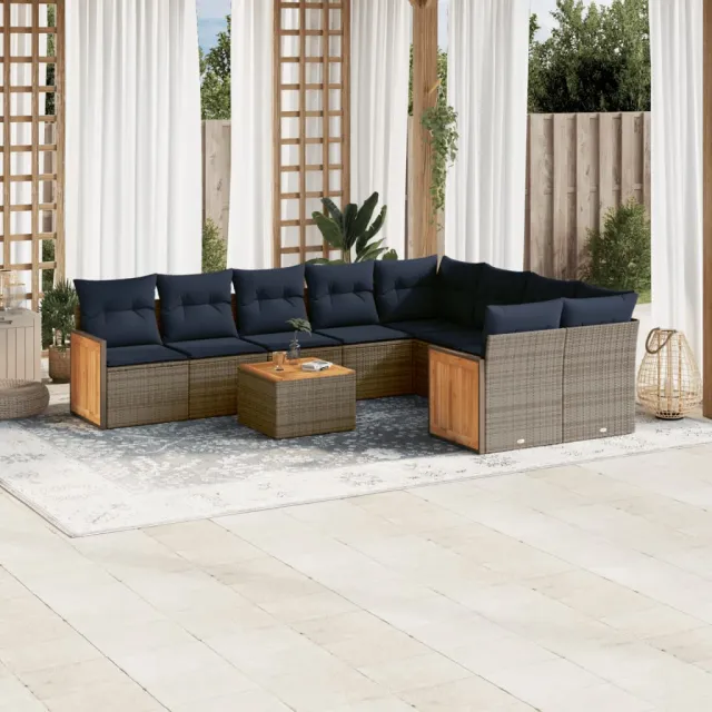 vidaXL 10-delige tuinbankset met kussens, grijs polyrotan, foto 2