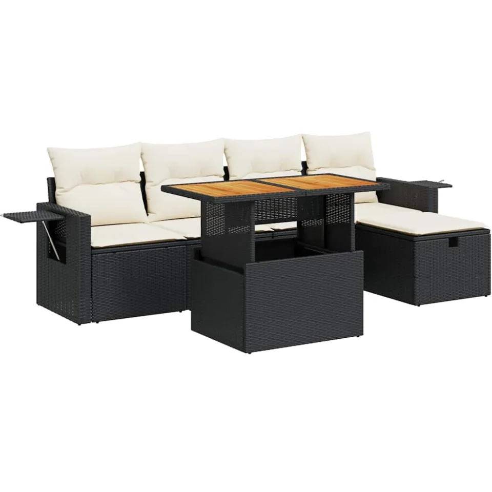 vidaXL 6-delige Loungeset met kussens poly rattan acacia zwart, foto 3
