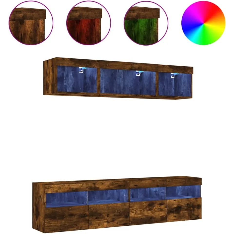 vidaXL 5-delige tv-wandmeubelset met LED bewerkt hout gerookt eiken, foto 4
