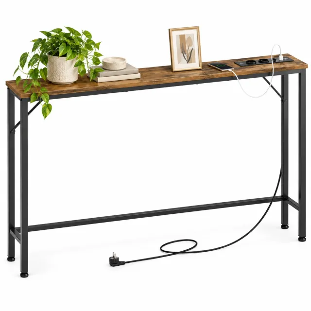 LUXALIVING Consoletafel met Stopcontact en USB – Smalle Wandtafel 120 x 15 x 80 cm – Industriële Haltafel – Sidetable voor Woonkamer en Hal – Vintage Bruin/Zwart Rustikal-Braun