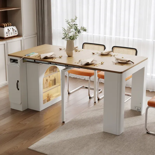 MEUNIQ uitrekbare eettafel 149,6 x 83 x 77 cm met opbergruimte, verborgen wielen, LED-verlichting en USB-C, wit met naturel houtlook Natural+White