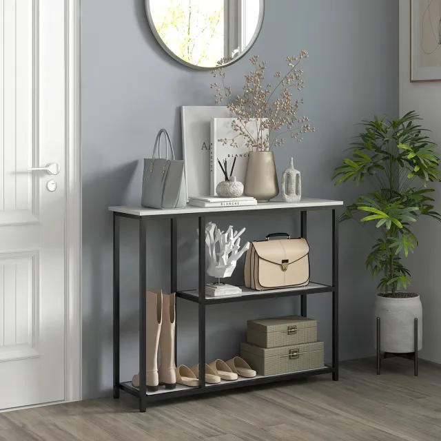 FloraGrace Sidetable - Moderne Haltafel Met Drie Open Niveaus En Kantelbeveiliging - Voor Hal En Woonkamer - Staal - 100 x 30 x 80 cm - Wit