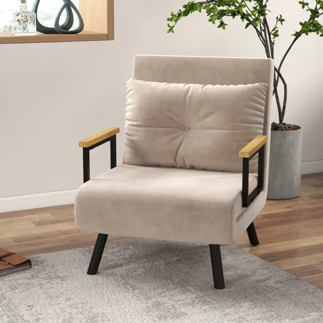 MIVRAY Fauteuil 63 x 73 x 81 cm - Verstelbare Rugleuning Met Bedfunctie - Voor Woonkamer En Logeerkamer - Velvet Beige