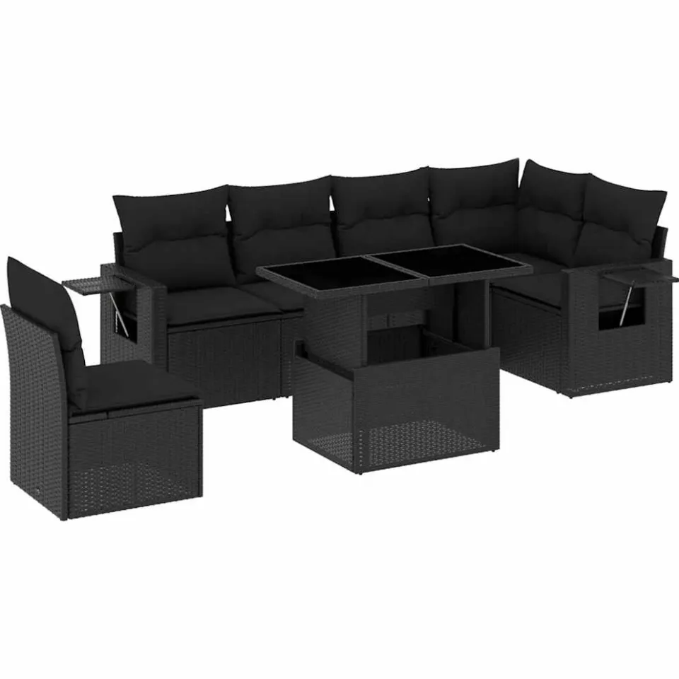 vidaXL 7-delige Loungeset met kussens poly rattan zwart