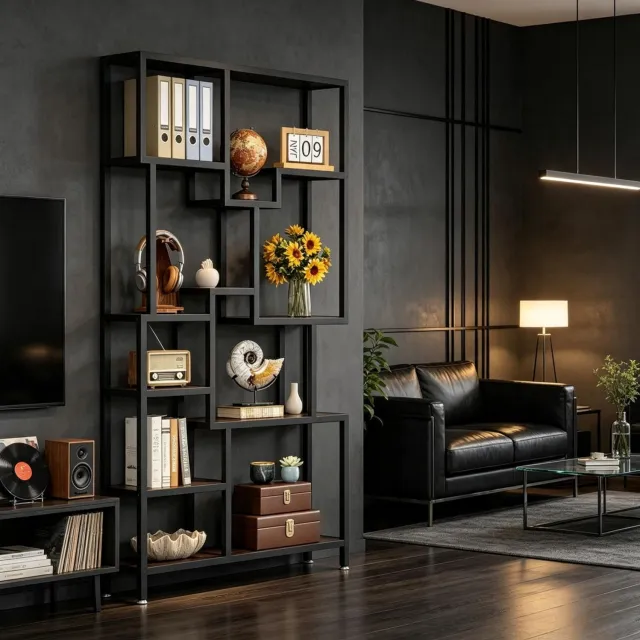 DESMIU Boekenkast - 7 Niveaus met Asymmetrische Vakken - Woonkamer en Werkkamer - Metaal en Spaanplaat - 100 x 30 x 180 cm - Zwart en Rustiek Bruin