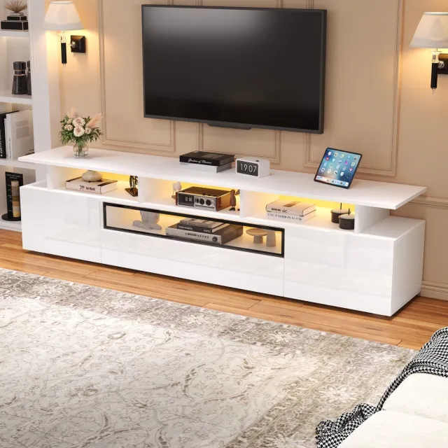 HAUSS SPOLE Dressoir - Tv Kast Met Led En Hoogglans Front - 2 Kasten En 1 Lade Voor Woonkamer - Spaanplaat En Acryl - 180x38x45 Cm - Wit
