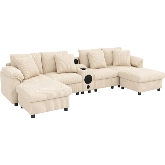 REDOM Modulaire Hoekbank - Bluetooth-Luidspreker En Mediafunctie - Modern - Voor Woonkamer - Ribstof - Beige - 315,5 x 144 x 84,5 cm