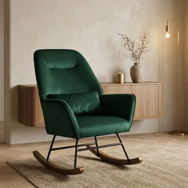 Homemiyn Schommelstoel – Donkergroen – Fluweel Velvet Relaxstoel – Moderne Voedingsstoel met Armleuningen – Max 130 kg – Ergonomische Rugleuning – Rubberhouten Poten – Voor Woonkamer & Slaapkamer