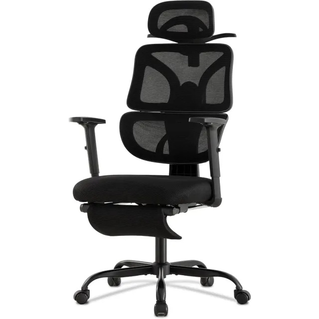 UEV 90°-135° verstelbare bureaustoel met mesh-bekleding, lendensteun en rugleuning, ergonomische bureaustoel met hoofdsteun en voetensteun, comfortabele en functionele bureaustoel, 63,5 x 70 x 118-128 cm, zwart