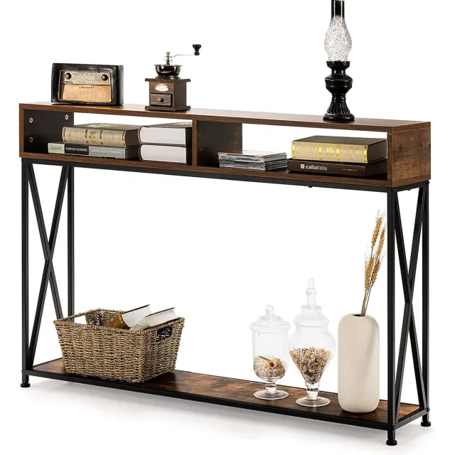 LUXGOODS® consoletafel ,sidetable gangtafel entreetafel met open plank & opbergcompartimenten, stevige stalen frame, verstelbare voeten, anti-kantelen ontwerp, industriële bijzettafel voor woonkamer/entree/gang, 120 x 23 x 79 cm (Rustiek brui Bruin