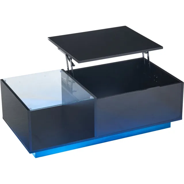 Ropilly Lift top salontafel - Hoogglans woonkamertafel - Met RGB LED - Verborgen opbergruimte - In hoogte verstelbaar - Woonkamer - 100x50 cm - Zwart/Wit